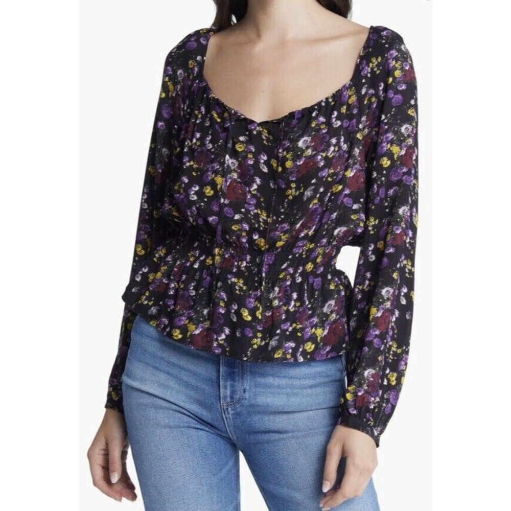 PAIGE Odalynn 3/4 Sleeve Top M Square Neck Floral Blouse Smocked Waist NEW B52